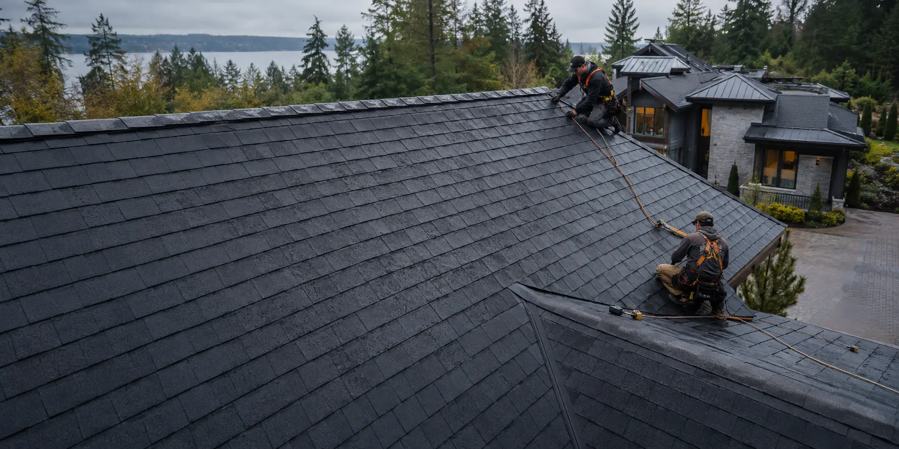 Roofing professional inspecting a shingle roof after rain
